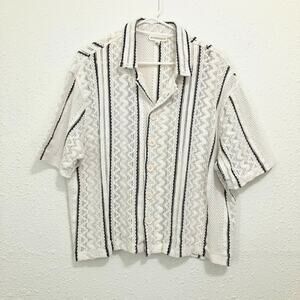 Morse Code Womens L Open Weave Textured Camp Shirt Coastal Boho Boxy Striped